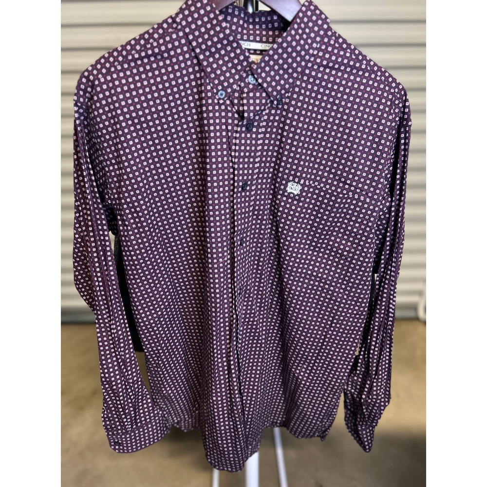 Cinch Button Down Shirt Men Medium Burgundy Geometric Print Western Long Sleeve